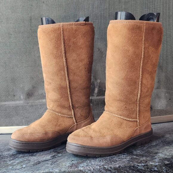 UGG Brown Suede Leather Ultra Tall Braided Back Boots Size 8 - Picture 3 of 16